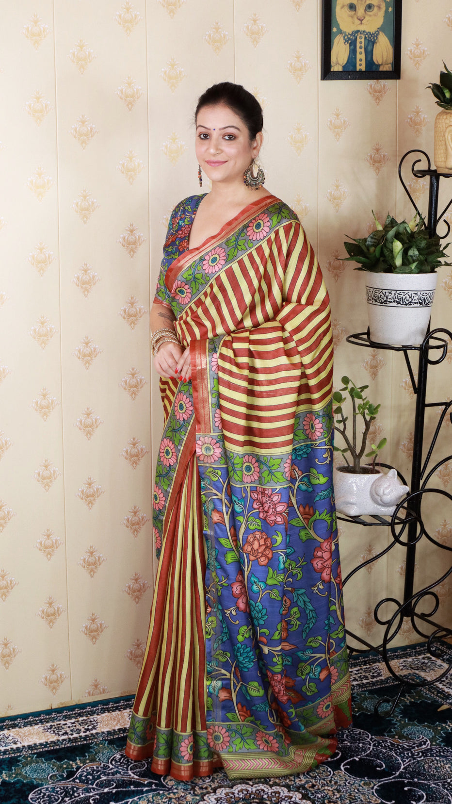 Brown Soft Tussar Silk Striped Kalamkari Printed Zari Tussar Saree