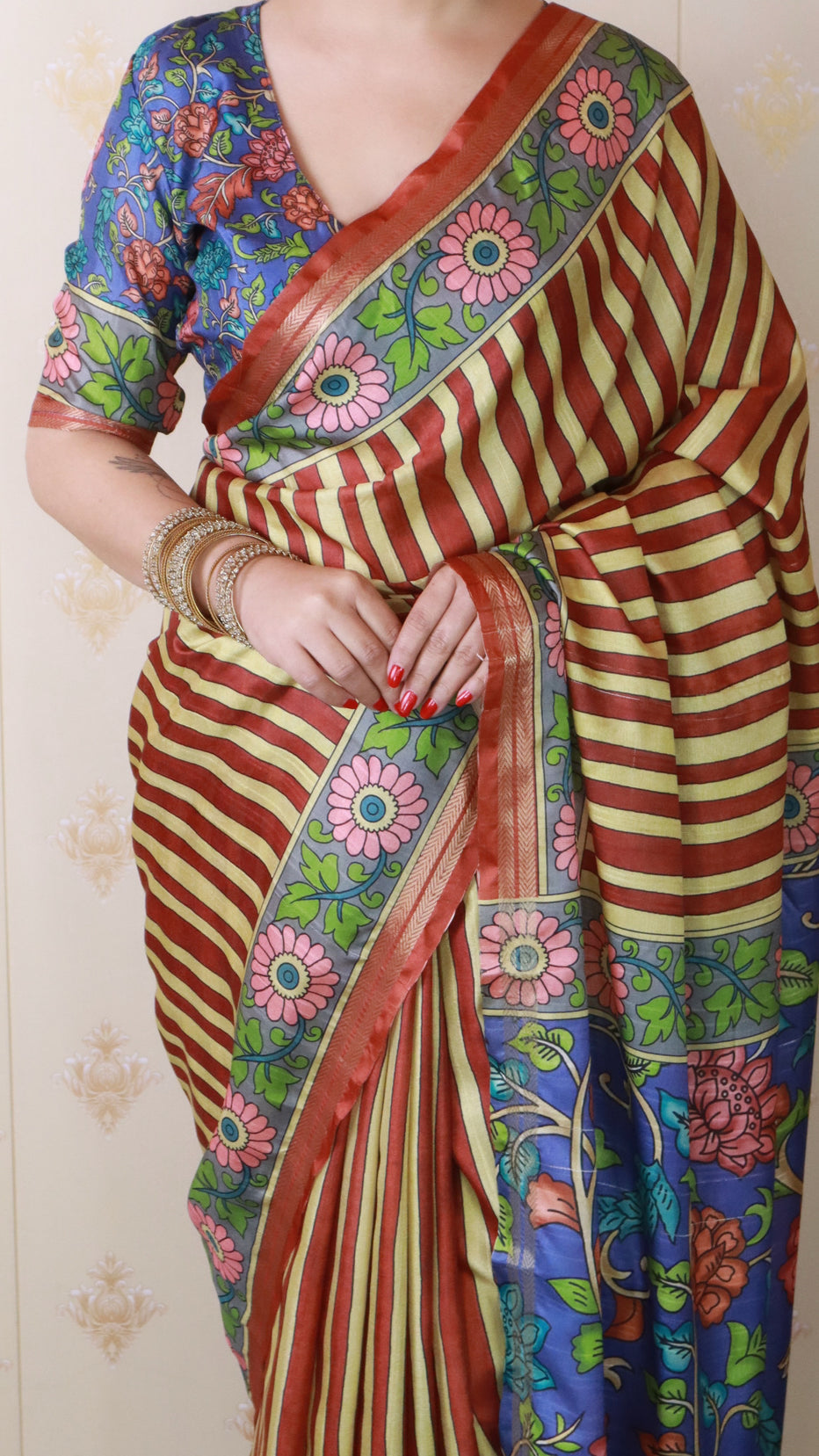 Brown Soft Tussar Silk Striped Kalamkari Printed Zari Tussar Saree