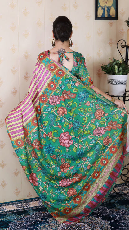 Pink Soft Tussar Silk Striped Kalamkari Printed Zari Tussar Saree Tussar Saree Anant Tex Exports Pvt.Ltd..