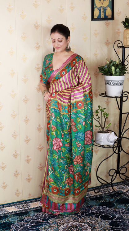 Pink Soft Tussar Silk Striped Kalamkari Printed Zari Tussar Saree Tussar Saree Anant Tex Exports Pvt.Ltd..