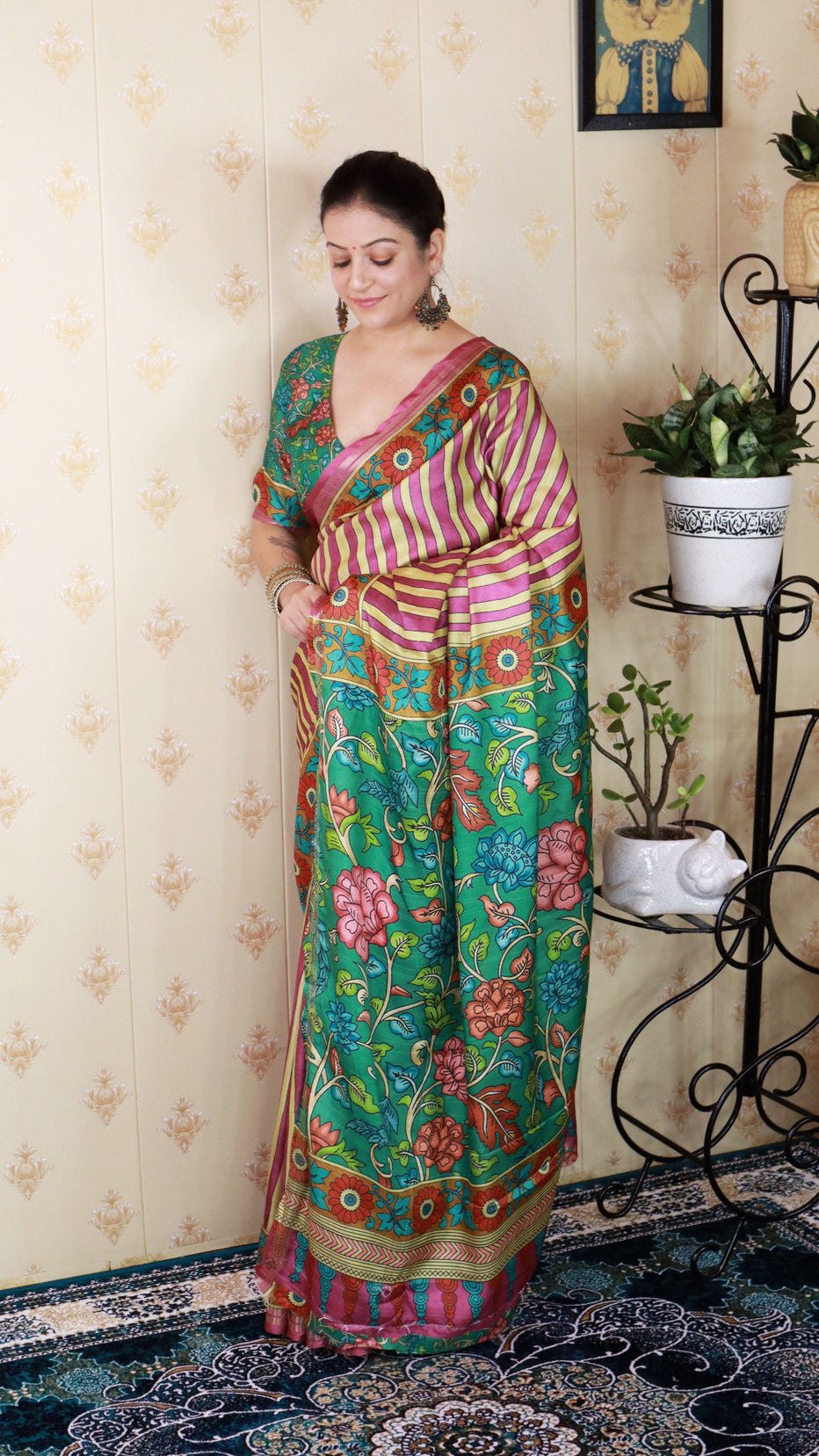 Pink Soft Tussar Silk Striped Kalamkari Printed Zari Tussar Saree