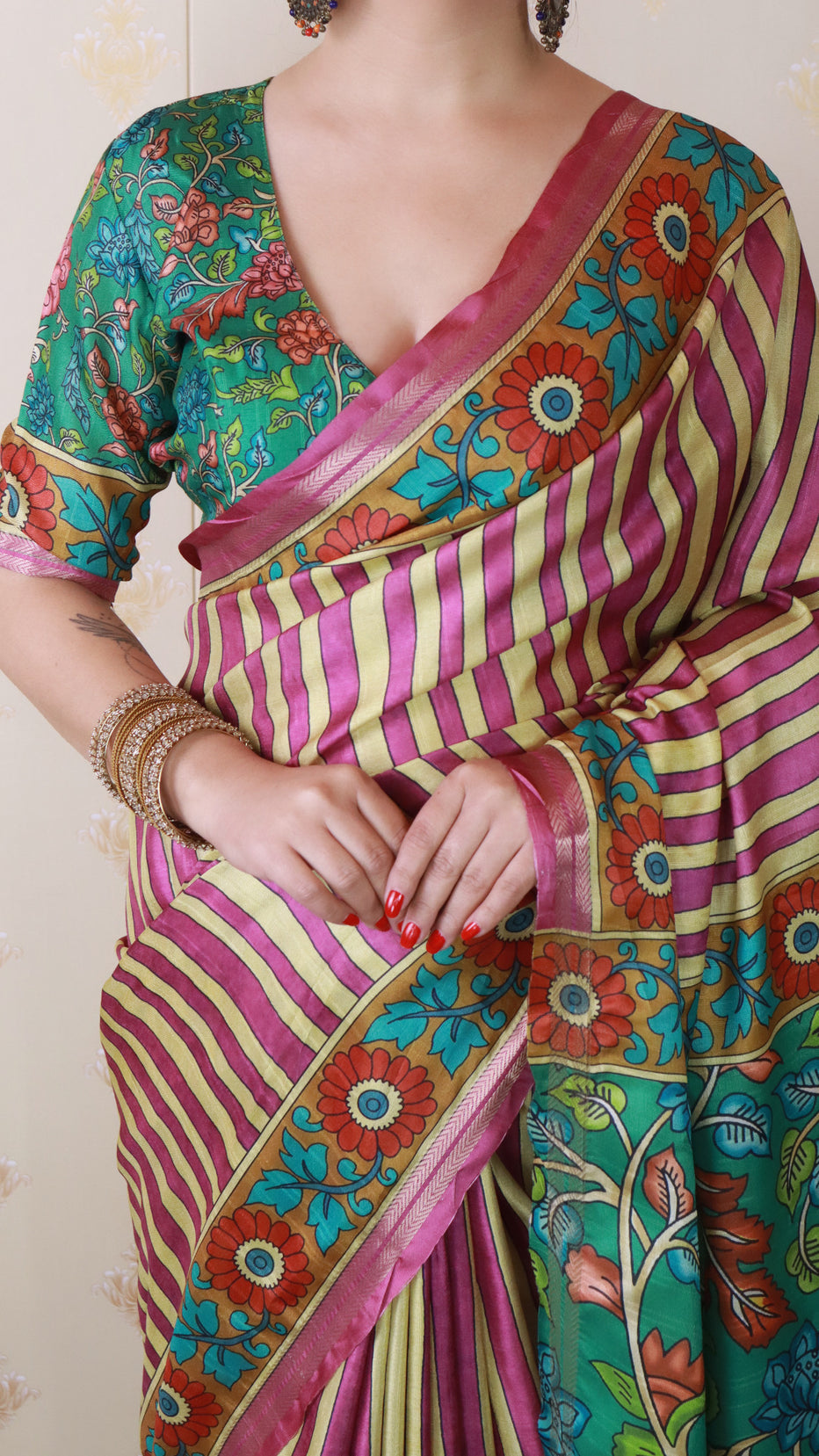 Pink Soft Tussar Silk Striped Kalamkari Printed Zari Tussar Saree