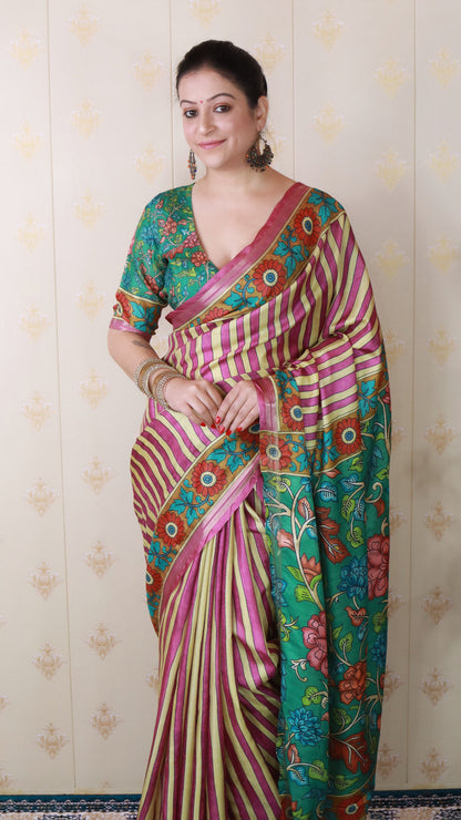 Pink Soft Tussar Silk Striped Kalamkari Printed Zari Tussar Saree Tussar Saree Anant Tex Exports Pvt.Ltd..