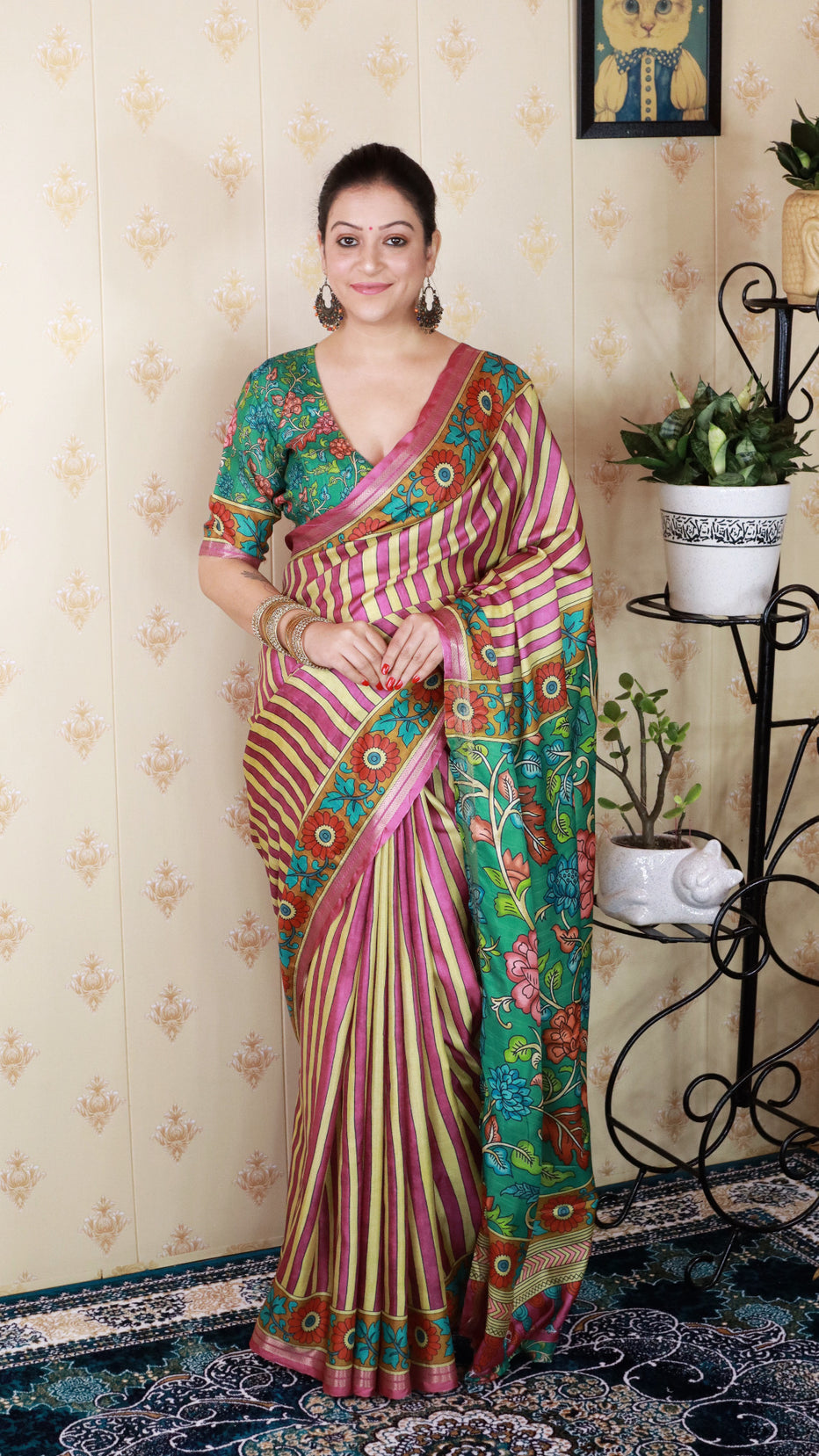 Pink Soft Tussar Silk Striped Kalamkari Printed Zari Tussar Saree Tussar Saree Anant Tex Exports Pvt.Ltd..