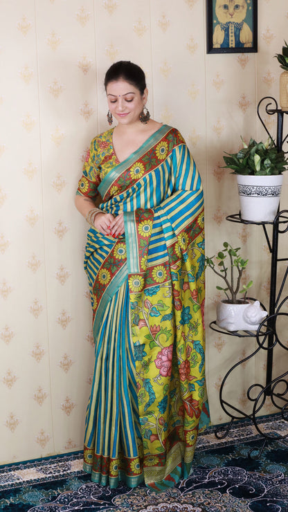 Blue Soft Tussar Silk Striped Kalamkari Printed Zari Tussar Saree Tussar Saree Anant Tex Exports Pvt.Ltd..