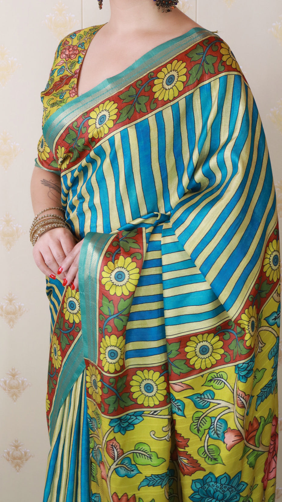 Blue Soft Tussar Silk Striped Kalamkari Printed Zari Tussar Saree