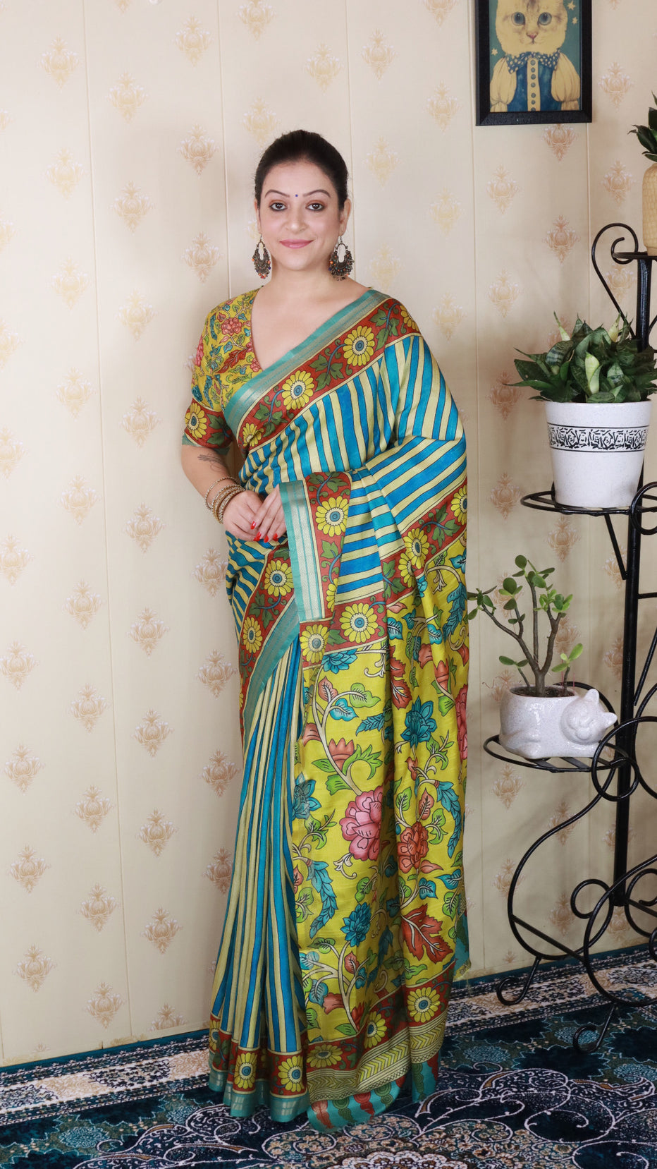 Blue Soft Tussar Silk Striped Kalamkari Printed Zari Tussar Saree