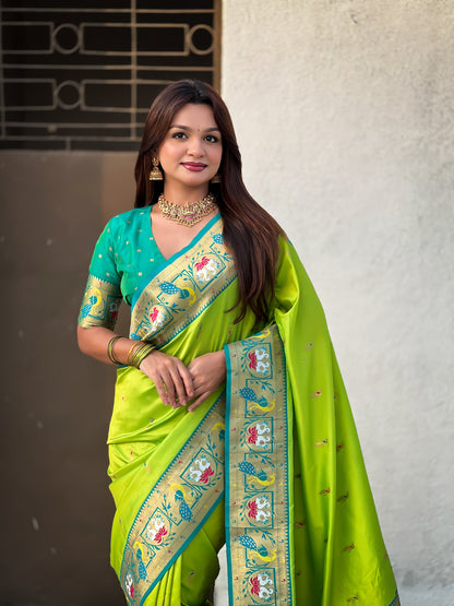 Parrot Green Soft Silk Swan Rajhans Paithani Saree Paithani Saree Anant Tex Exports Pvt.Ltd..