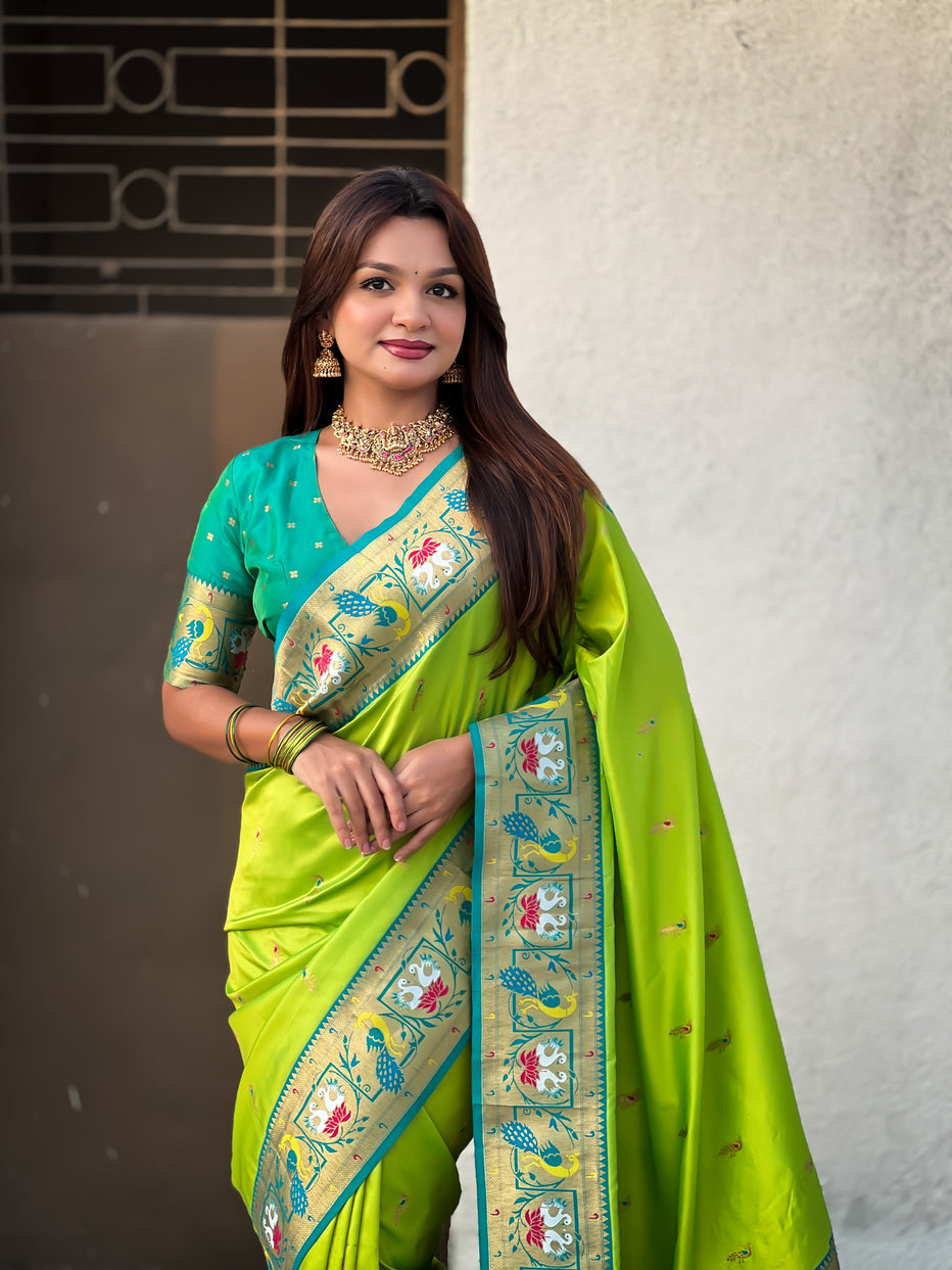 Parrot Green Soft Silk Swan Rajhans Paithani Saree