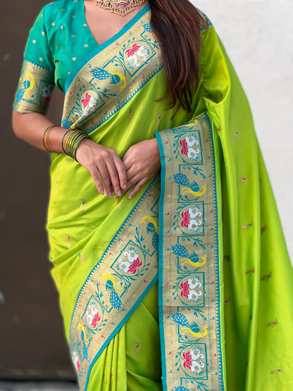 Parrot Green Soft Silk Swan Rajhans Paithani Saree Paithani Saree Anant Tex Exports Pvt.Ltd..