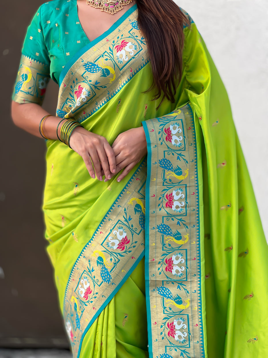 Parrot Green Soft Silk Swan Rajhans Paithani Saree