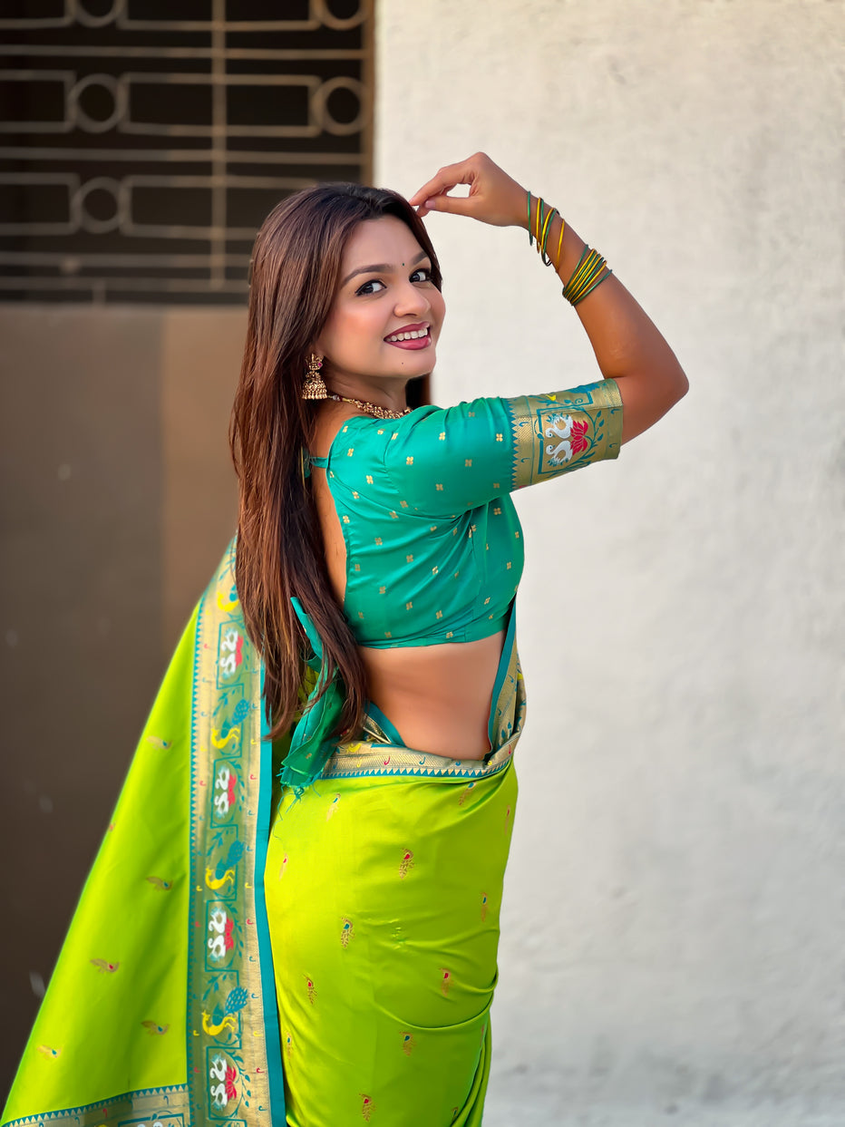 Parrot Green Soft Silk Swan Rajhans Paithani Saree