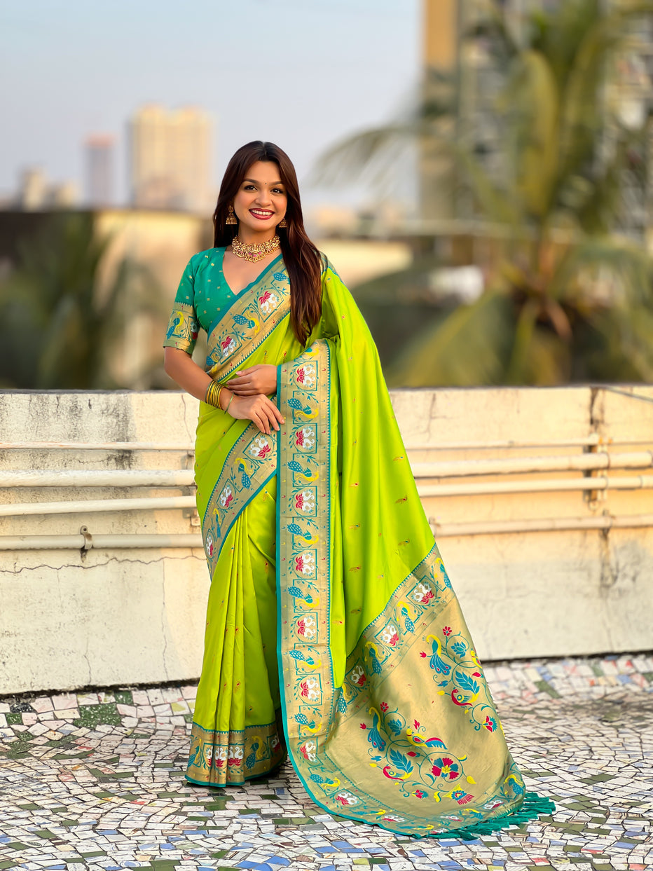Parrot Green Soft Silk Swan Rajhans Paithani Saree