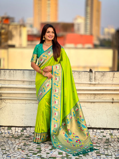 Parrot Green Soft Silk Swan Rajhans Paithani Saree Paithani Saree Anant Tex Exports Pvt.Ltd..