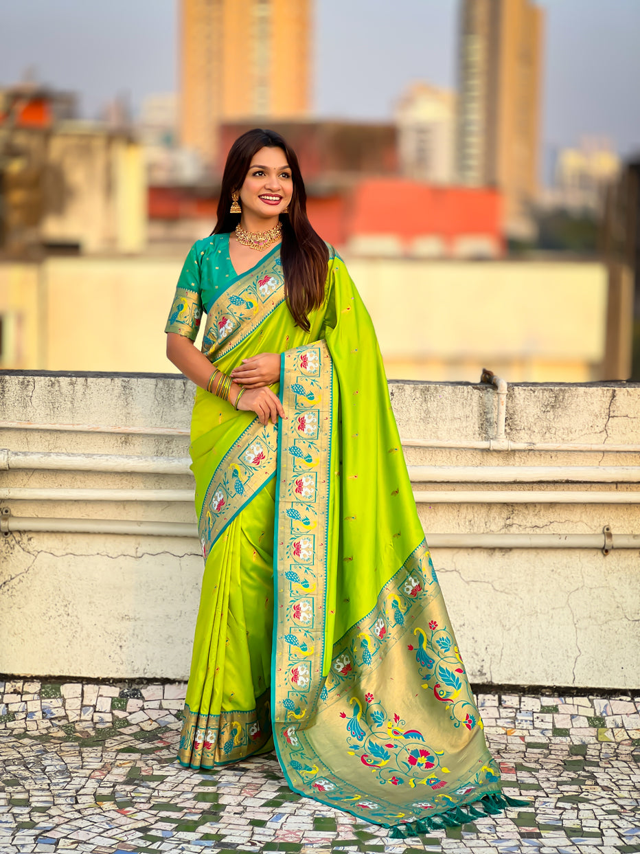 Parrot Green Soft Silk Swan Rajhans Paithani Saree