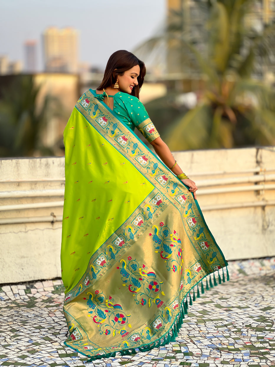 Parrot Green Soft Silk Swan Rajhans Paithani Saree