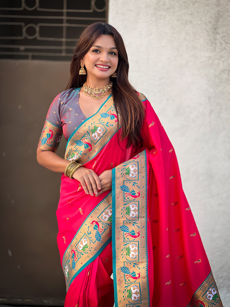 Pink Green Soft Silk Swan Rajhans Paithani Saree Paithani Saree Anant Tex Exports Pvt.Ltd..