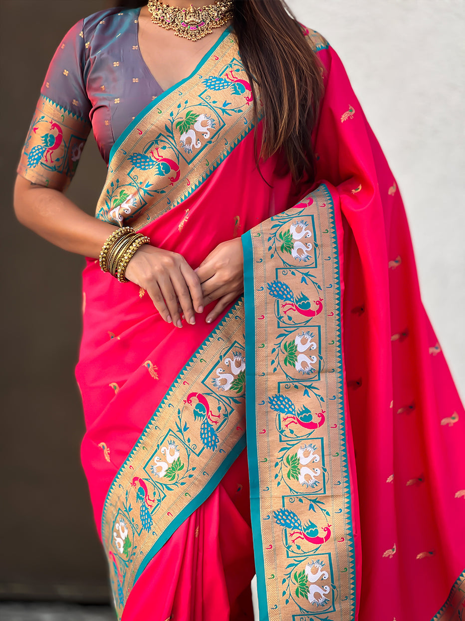 Pink Green Soft Silk Swan Rajhans Paithani Saree
