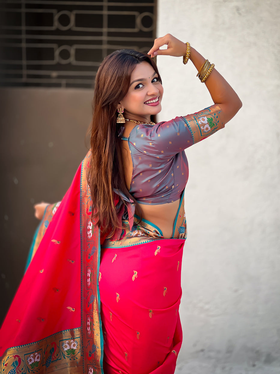 Pink Green Soft Silk Swan Rajhans Paithani Saree