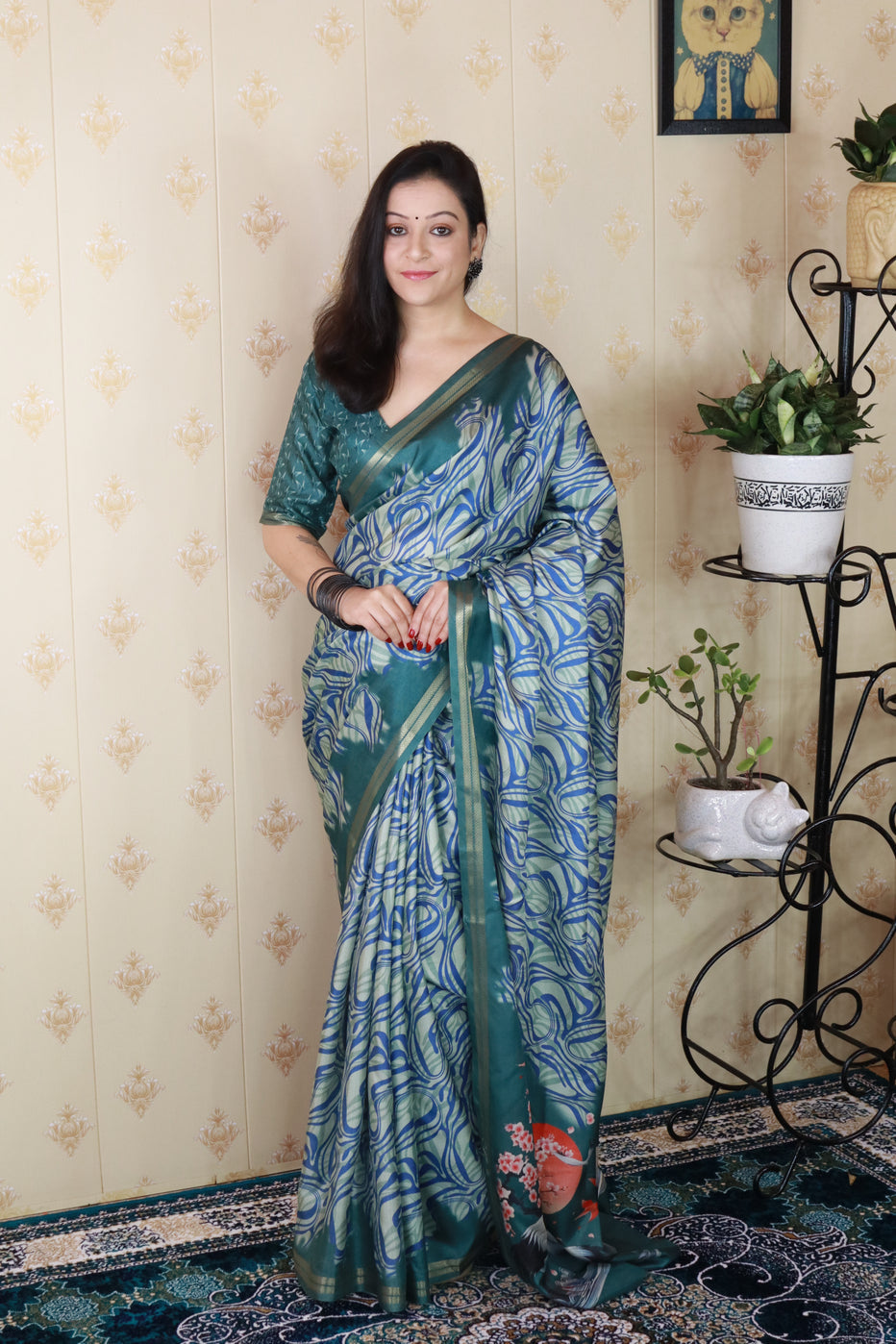 Blue Soft Tussar Silk Abstract Printed Zari Woven Saree Tussar Saree