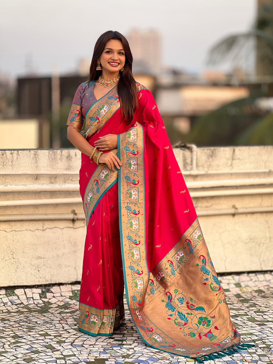 Pink Green Soft Silk Swan Rajhans Paithani Saree