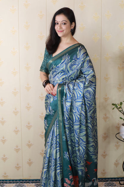 Blue Soft Tussar Silk Abstract Printed Zari Woven Saree Tussar Saree Tussar Saree Anant Tex Exports Pvt.Ltd..