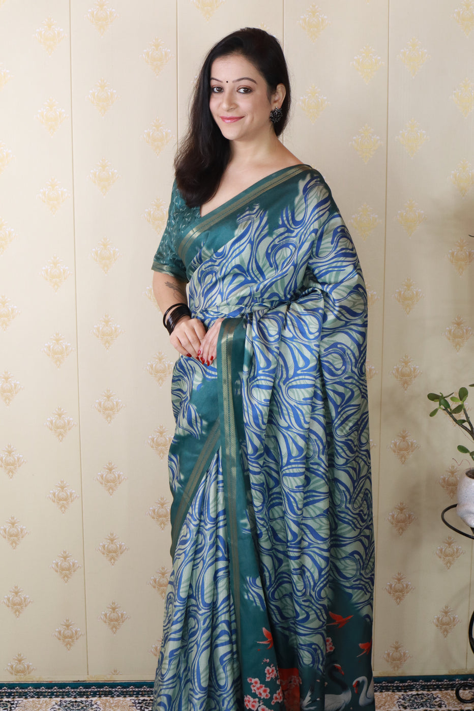 Blue Soft Tussar Silk Abstract Printed Zari Woven Saree Tussar Saree
