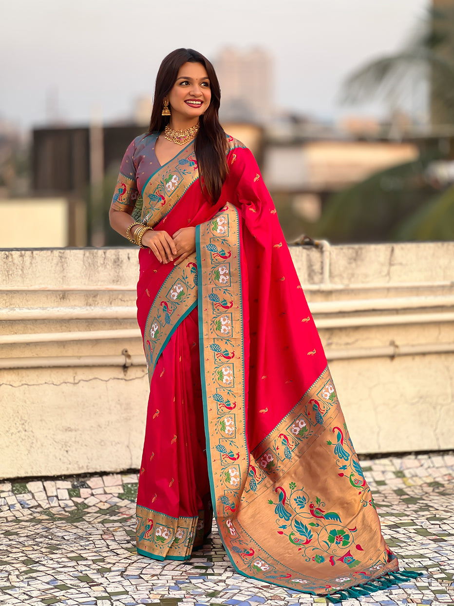 Pink Green Soft Silk Swan Rajhans Paithani Saree