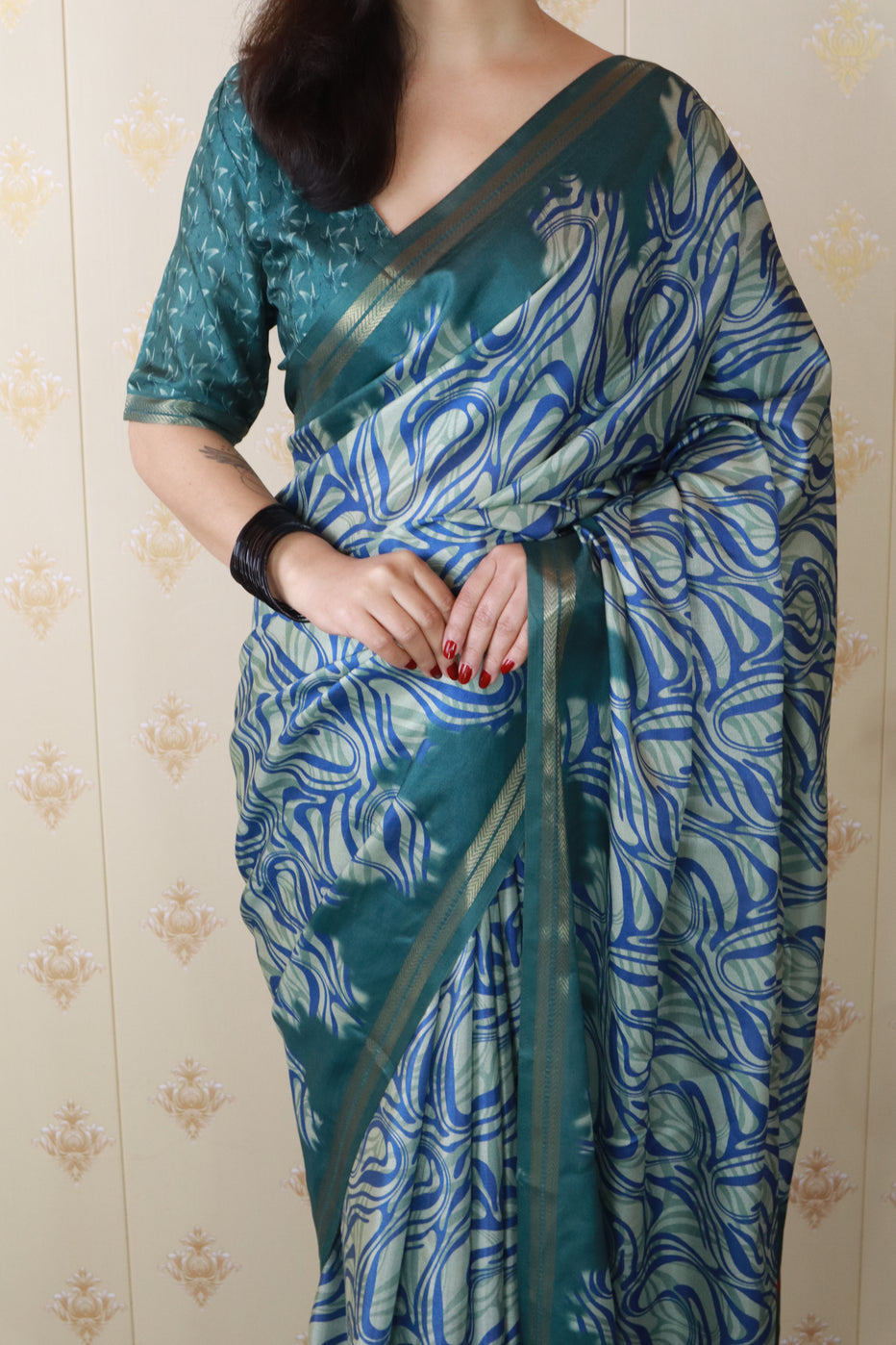 Blue Soft Tussar Silk Abstract Printed Zari Woven Saree Tussar Saree