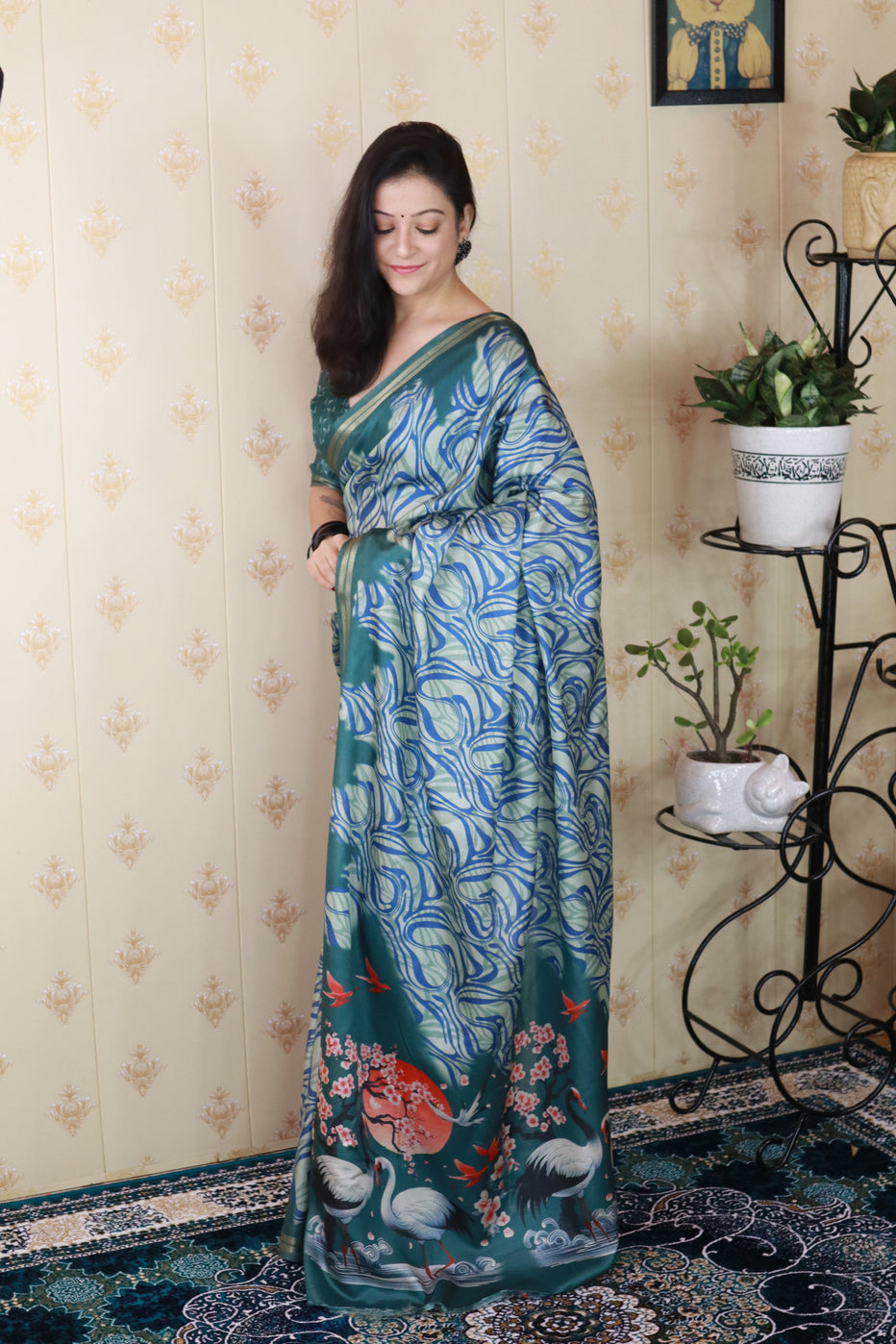 Blue Soft Tussar Silk Abstract Printed Zari Woven Saree Tussar Saree