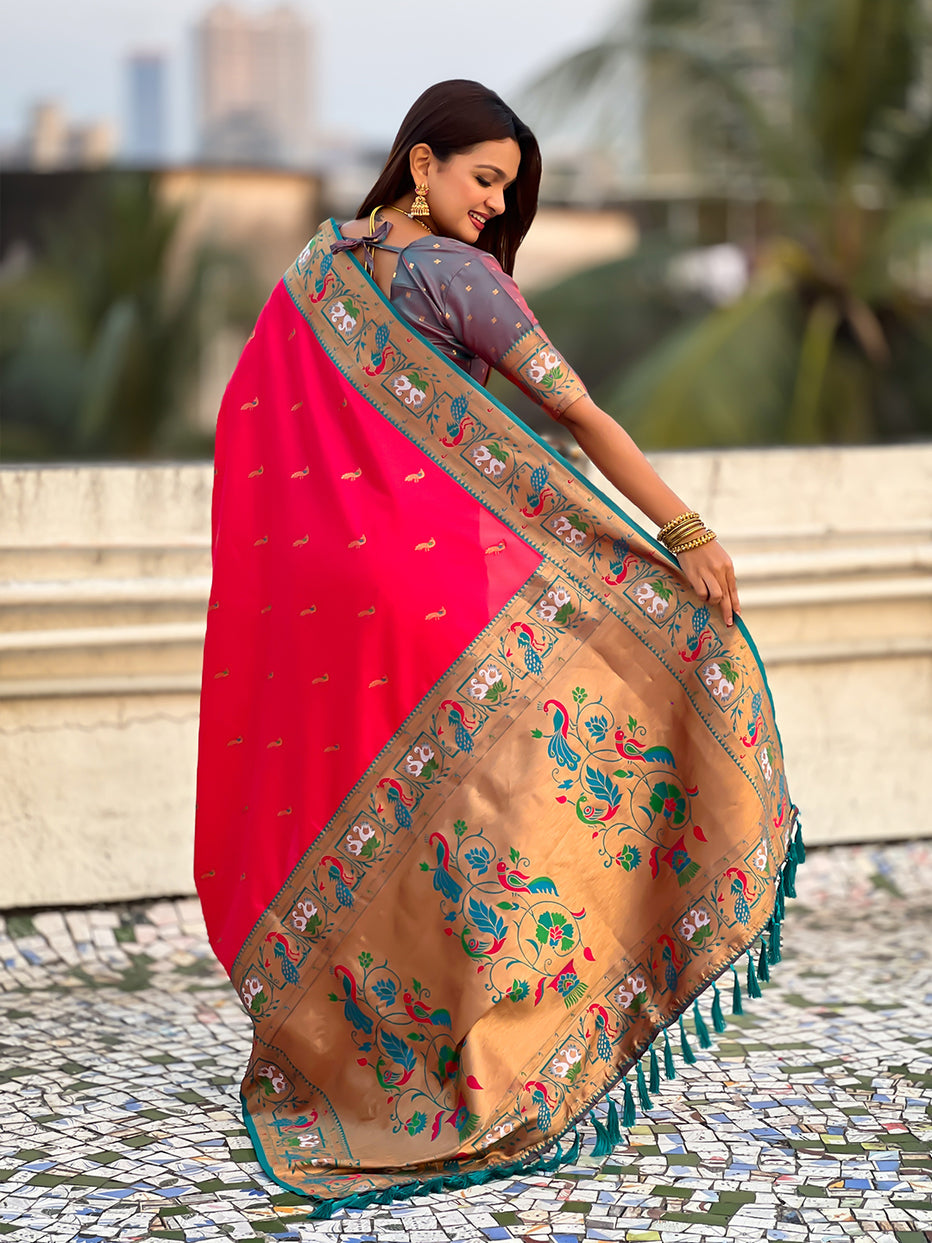 Pink Green Soft Silk Swan Rajhans Paithani Saree