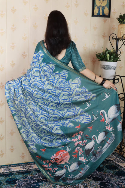 Blue Soft Tussar Silk Abstract Printed Zari Woven Saree Tussar Saree Tussar Saree Anant Tex Exports Pvt.Ltd..