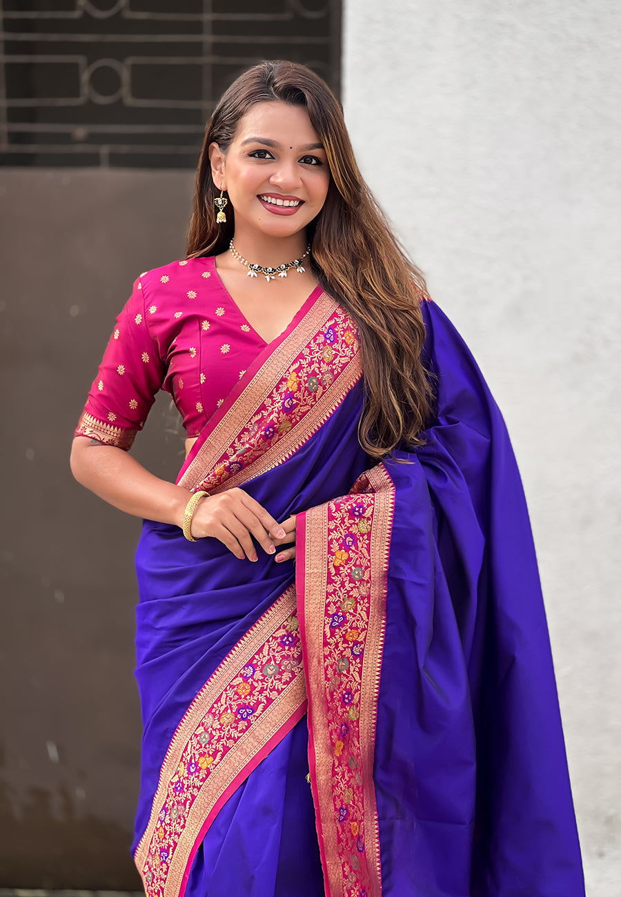 Violet Pure Gala Silk Paithani Pallu Kadiyal Zari Soft Silk Saree 