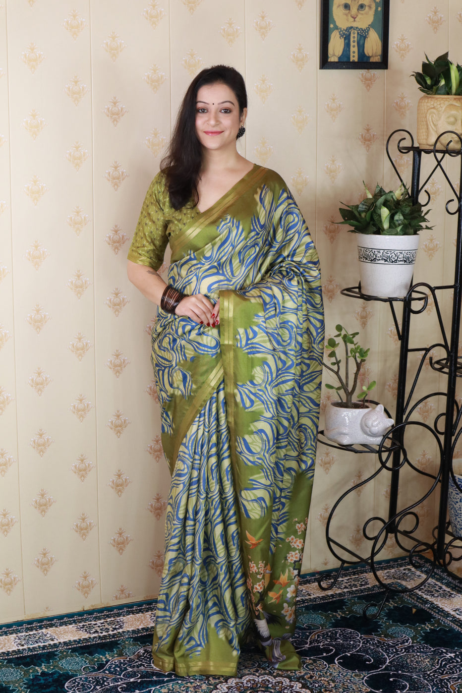 Green Soft Tussar Silk Abstract Printed Zari Woven Saree Tussar Saree