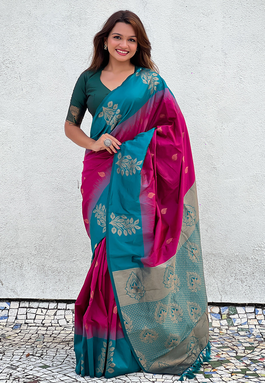 Pink Soft Silk Floral Border Contrast Zari Soft Silk Saree