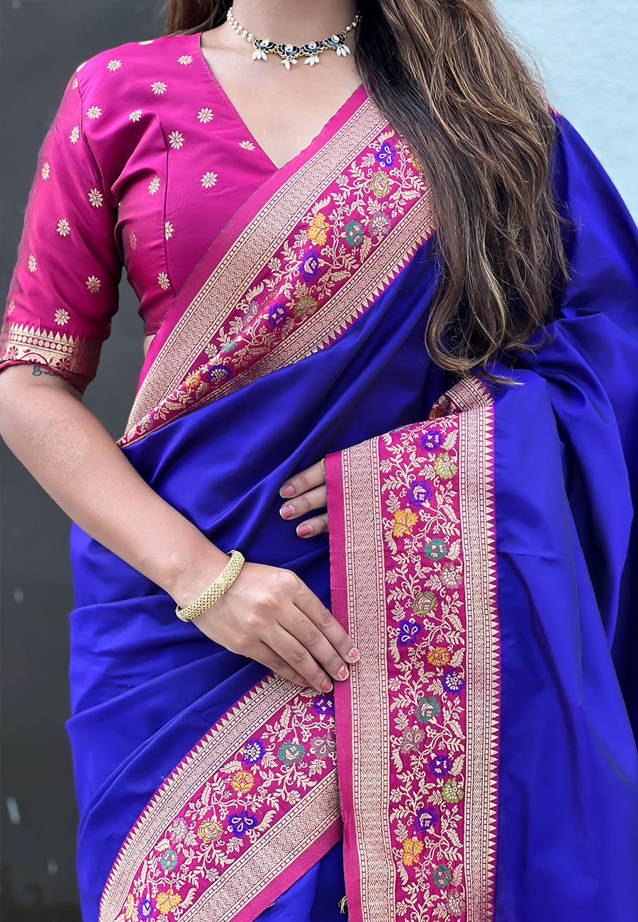 Violet Pure Gala Silk Paithani Pallu Kadiyal Zari Soft Silk Saree 