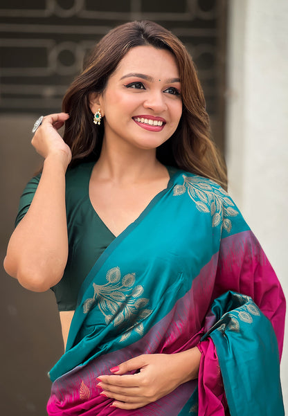 Pink Soft Silk Floral Border Contrast Zari Soft Silk Saree