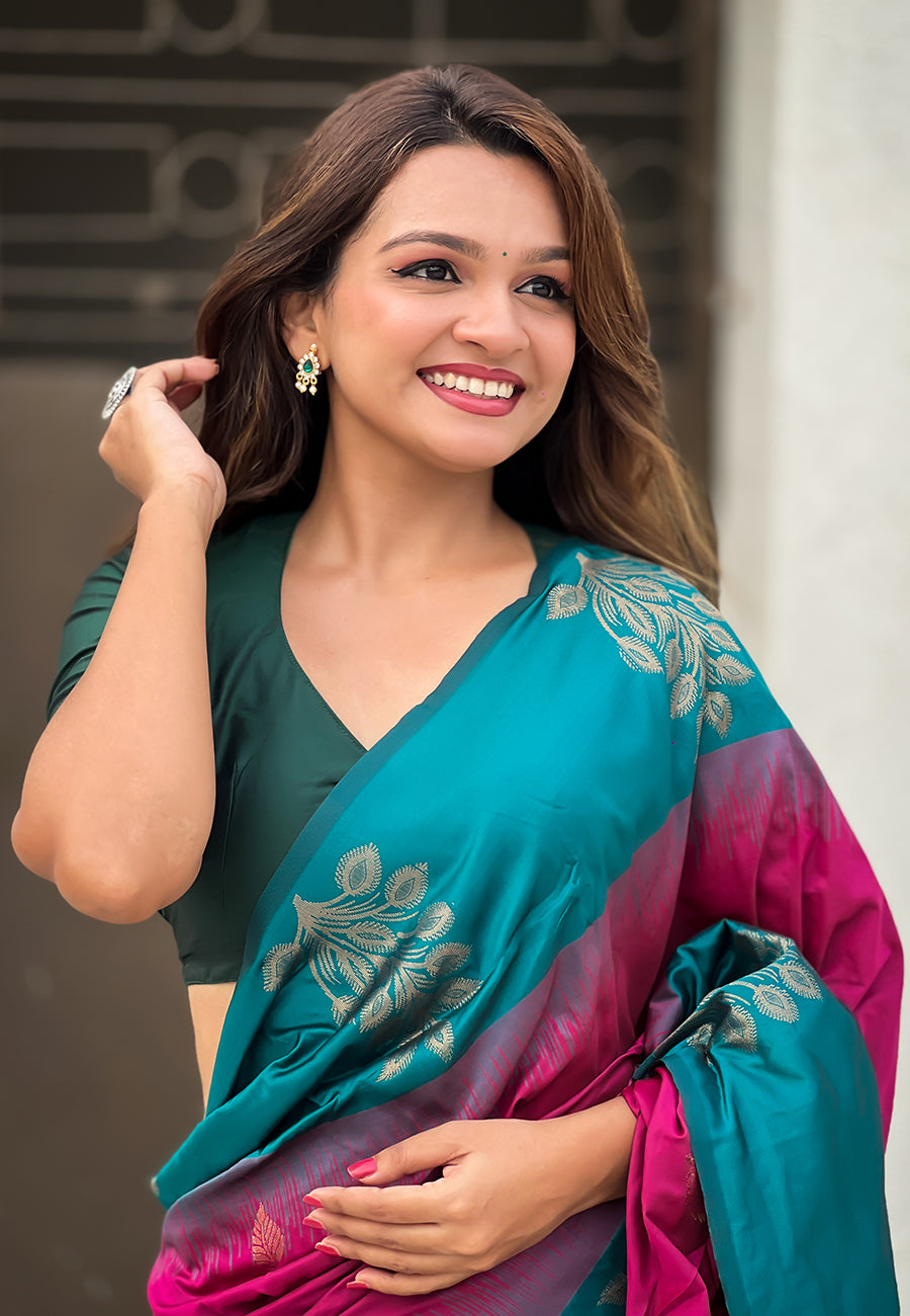 Pink Soft Silk Floral Border Contrast Zari Soft Silk Saree