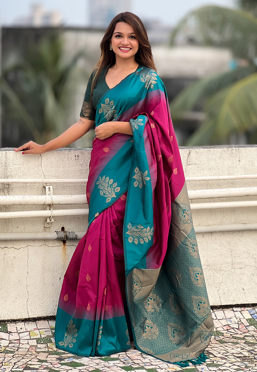 Pink Soft Silk Floral Border Contrast Zari Soft Silk Saree