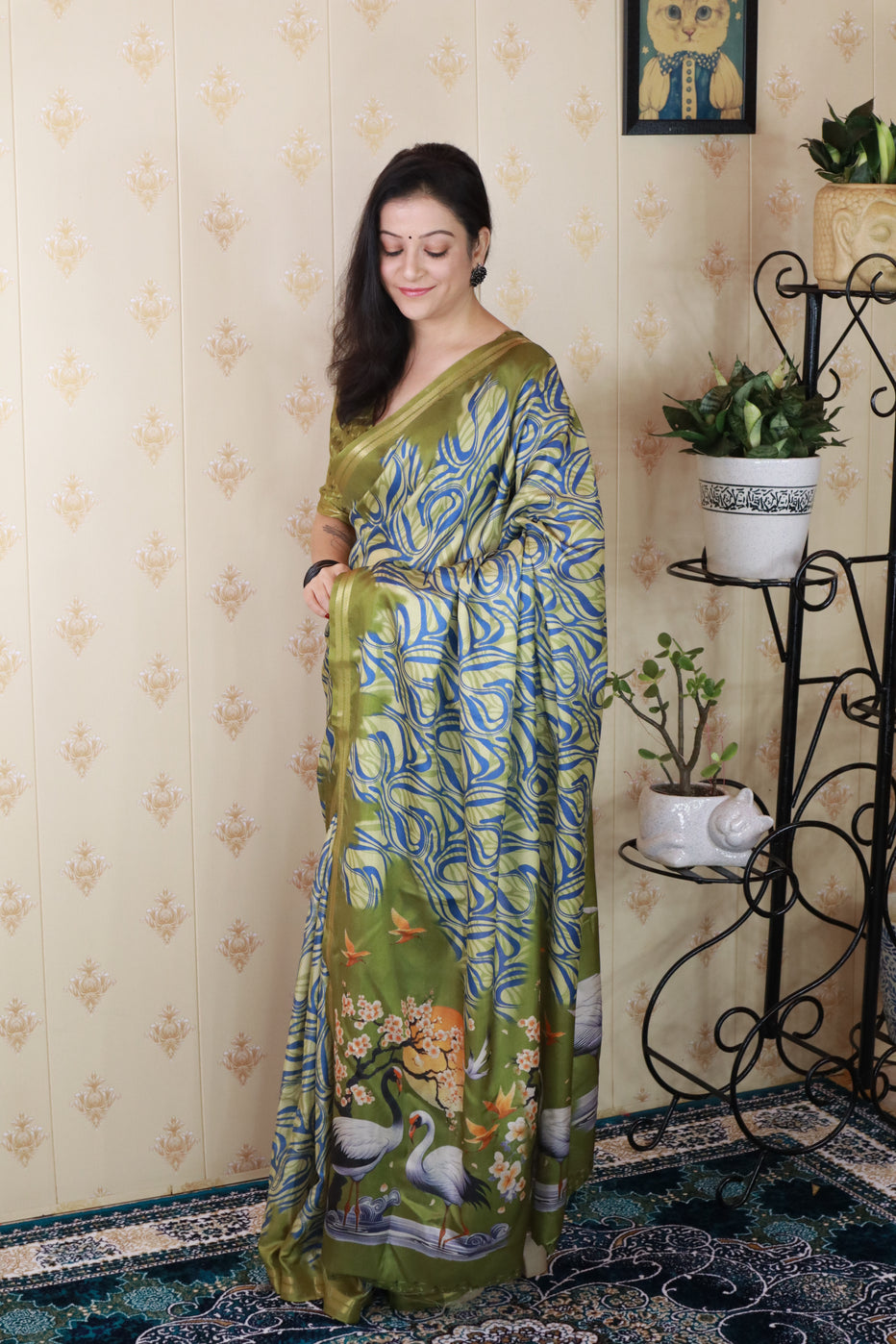 Green Soft Tussar Silk Abstract Printed Zari Woven Saree Tussar Saree