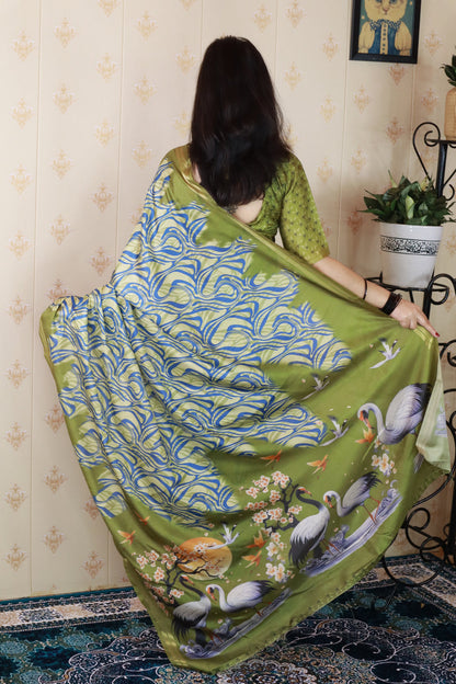 Green Soft Tussar Silk Abstract Printed Zari Woven Saree Tussar Saree Tussar Saree Anant Tex Exports Pvt.Ltd..