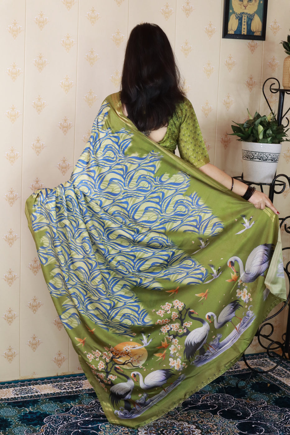 Green Soft Tussar Silk Abstract Printed Zari Woven Saree Tussar Saree