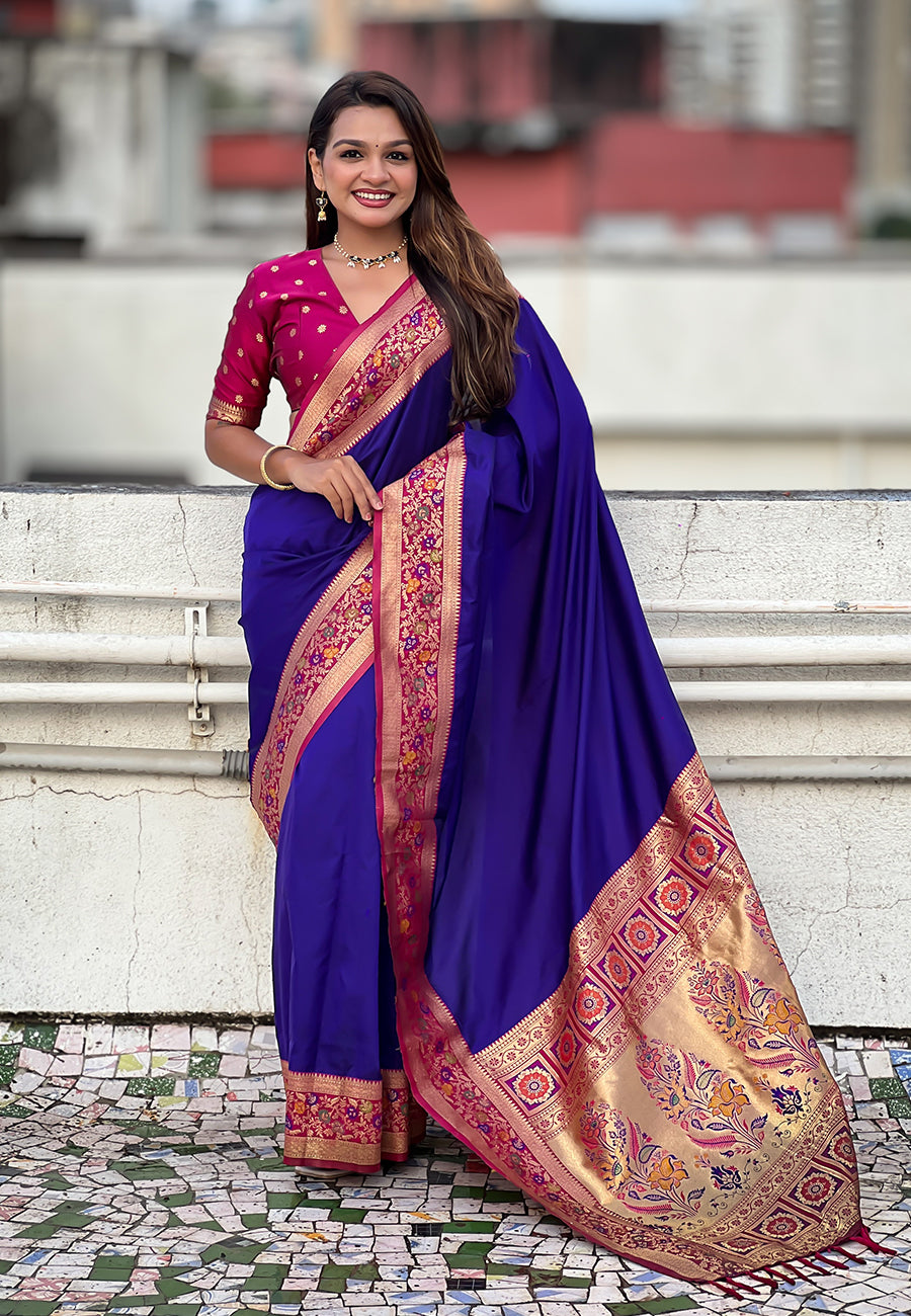 Violet Pure Gala Silk Paithani Pallu Kadiyal Zari Soft Silk Saree 