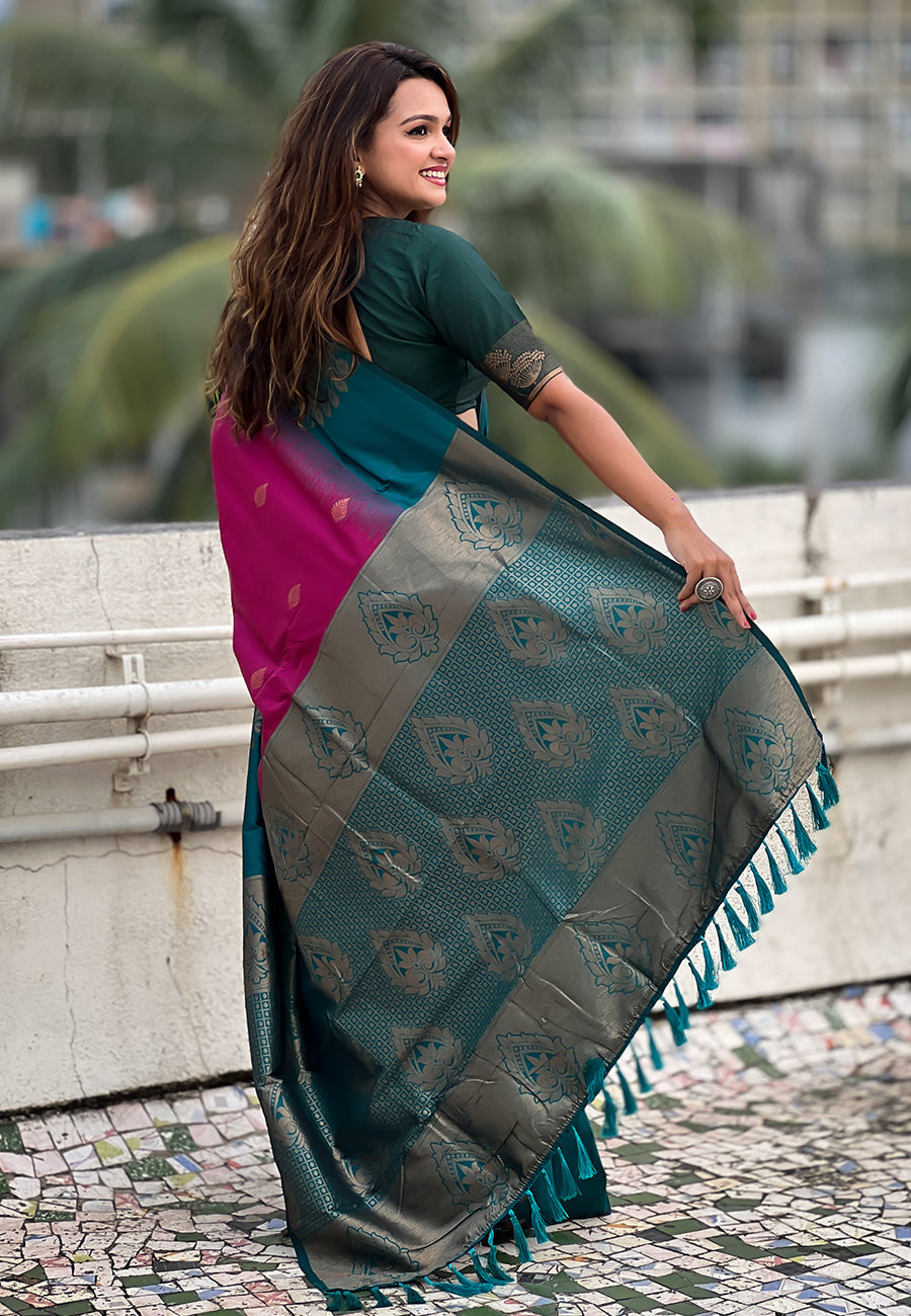 Pink Soft Silk Floral Border Contrast Zari Soft Silk Saree