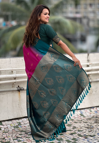 Pink Soft Silk Floral Border Contrast Zari Soft Silk Saree