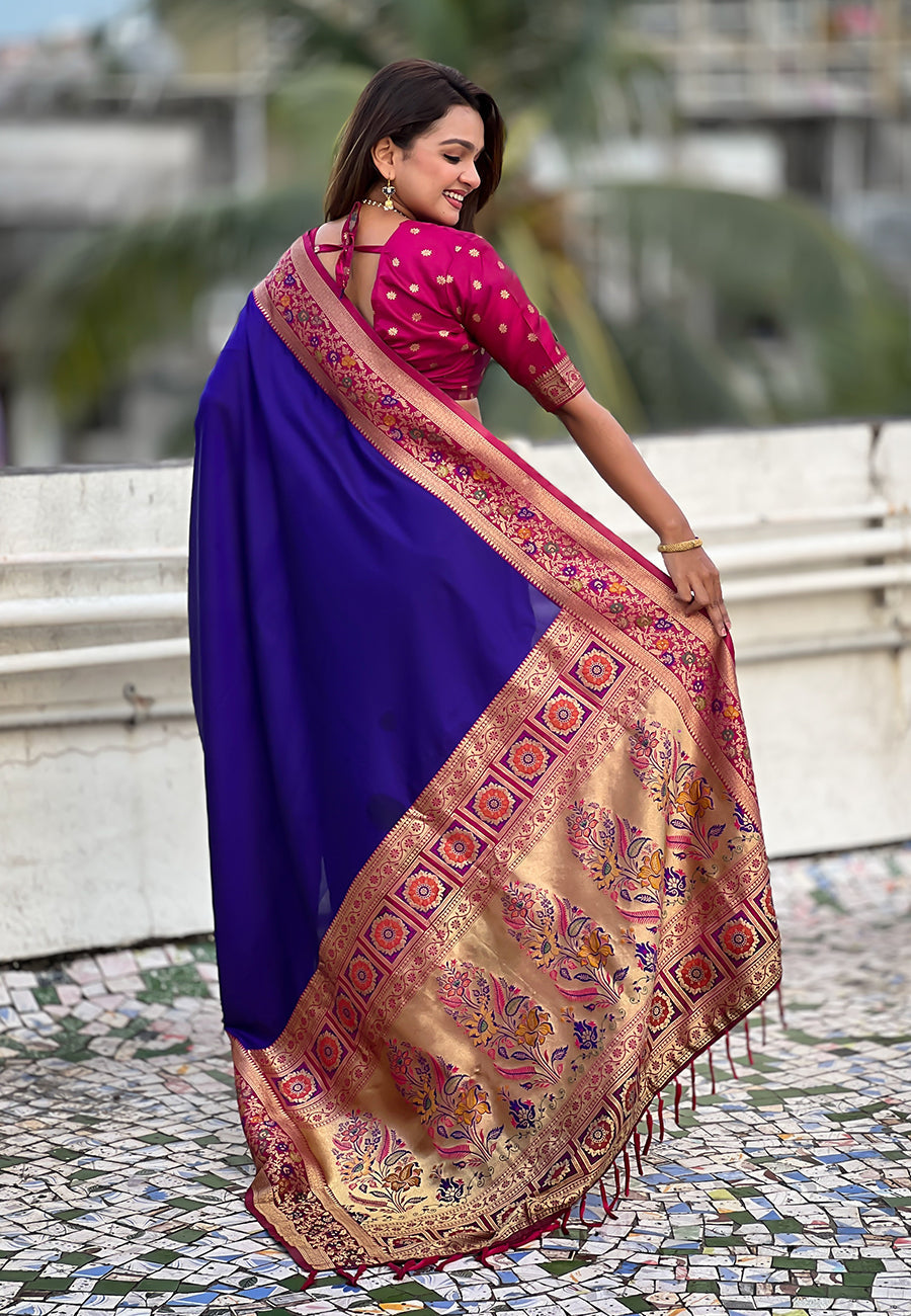 Violet Pure Gala Silk Paithani Pallu Kadiyal Zari Soft Silk Saree 