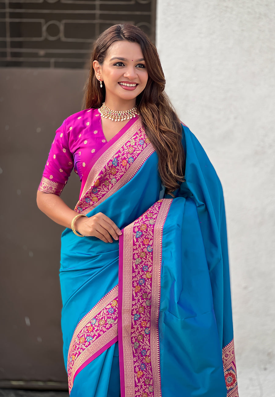 Blue Pure Gala Silk Paithani Pallu Kadiyal Zari Soft Silk Saree 