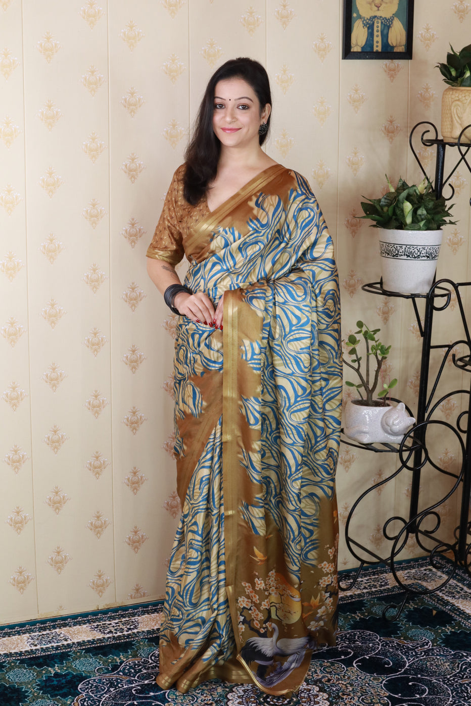Gold Soft Tussar Silk Abstract Printed Zari Woven Saree Tussar Saree