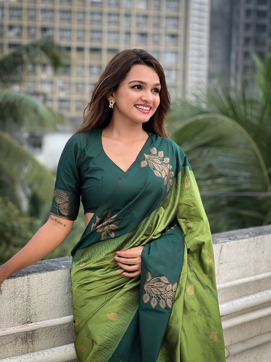 Green Soft Silk Floral Border Contrast Zari Soft Silk Saree