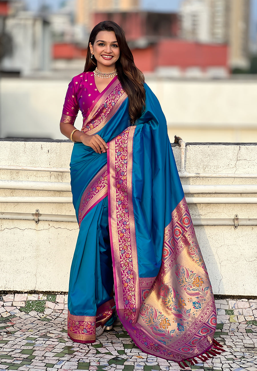 Blue Pure Gala Silk Paithani Pallu Kadiyal Zari Soft Silk Saree 